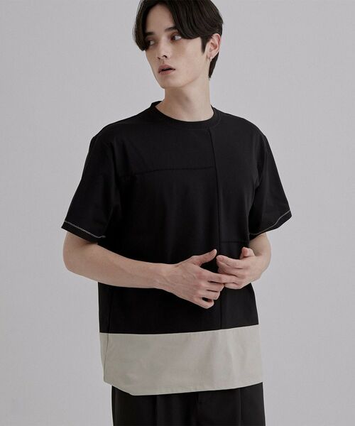 tk.TAKEO KIKUCHI / ティーケー タケオキクチ Tシャツ | ダッシュラインバイカラーTシャツ（ブラック(019)）