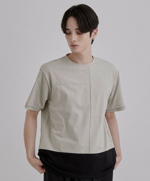tk.TAKEO KIKUCHI / ティーケー タケオキクチ Tシャツ | ダッシュラインバイカラーTシャツ（グレージュ(050)）