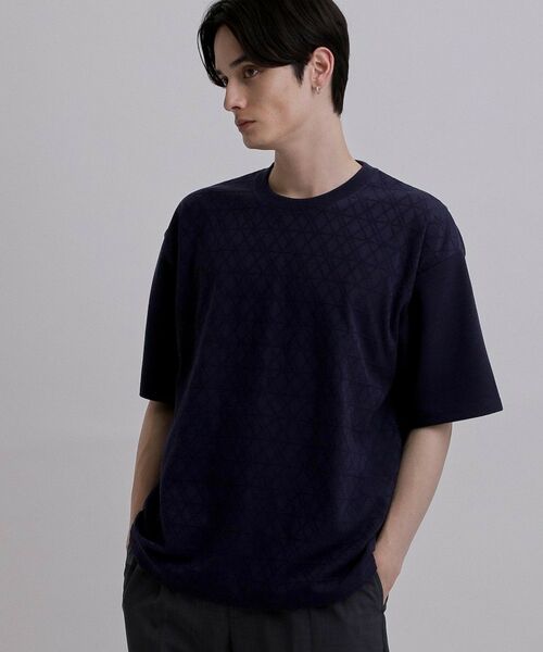tk.TAKEO KIKUCHI / ティーケー タケオキクチ Tシャツ | バイヤスジャカードTシャツ（ネイビー(094)）