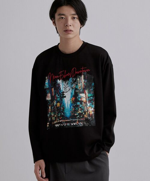 tk.TAKEO KIKUCHI / ティーケー タケオキクチ Tシャツ | ブラシ刺繍長袖Tシャツ（ブラック(019)）