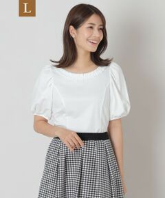 【L】タックリボン＆ビジューネック カットソー