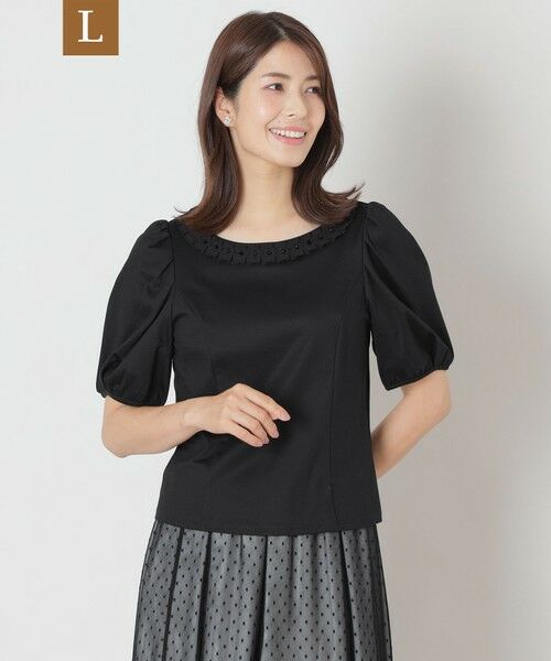 TO BE CHIC (大きいサイズ)/トゥー ビー シック (オオキイサイズ) 【L】タックリボン&ビジューネック カットソー ブラック 44 TO BE CHIC (大きいサイズ)/トゥー ビー シック (オオキイサイズ) 【L】タックリボン&ビジューネック カットソー ブラック 44