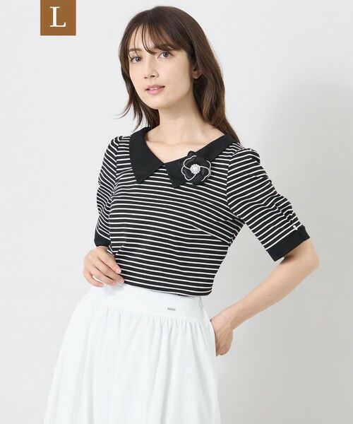 TO BE CHIC (大きいサイズ) / トゥー ビー シック (オオキイサイズ) その他トップス | 【L】デザインネック ボーダーカットソー(チャコールグレー)