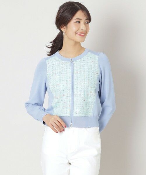 TO BE CHIC/トゥー ビー シック レインボーツイードコンビ ニットブルゾン サックスブルー1 42 TO BE CHIC/トゥー ビー シック レインボーツイードコンビ ニットブルゾン サックスブルー1 42