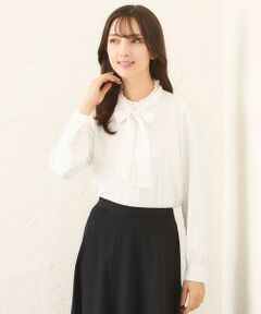 バックサテンジョーゼット ネックフリルブラウス