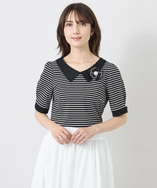 TO BE CHIC / トゥー ビー シック カットソー | デザインネック ボーダーカットソー（グレー5）