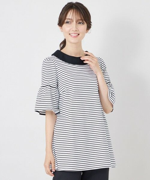 TO BE CHIC / トゥー ビー シック カットソー | デザインネック ボーダーチュニック（オフホワイト1）