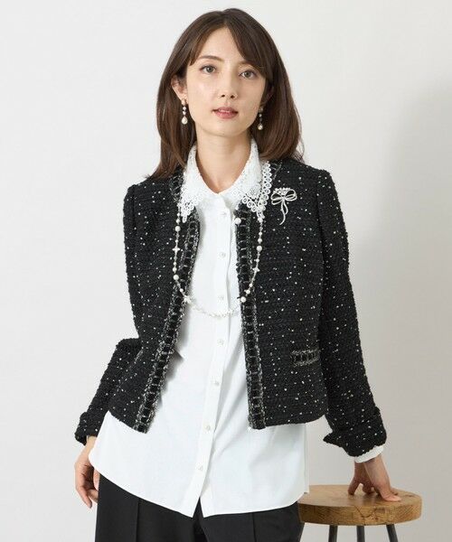 TO BE CHIC / トゥー ビー シック ノーカラージャケット | ファンシーツィード ノーカラージップジャケット(ブラック1)