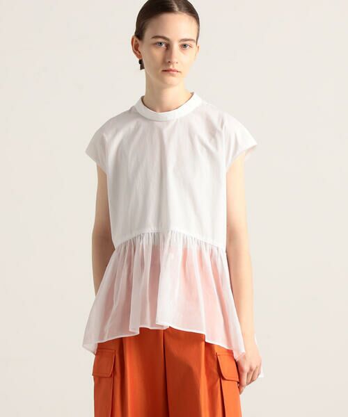 セール】 ホワイトコンビネーション ギャザーフレアブラウス