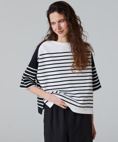 TOMORROWLAND / トゥモローランド Tシャツ | コットンパネルボーダー ボートネックプルオーバー