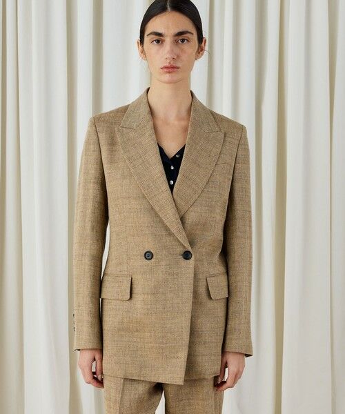 （新品タグ付）トゥモローランド ダブルニットジャケット リネン ブルー Mサイズ セール】 ダブルカバーリネン ピークドラペルジャケット