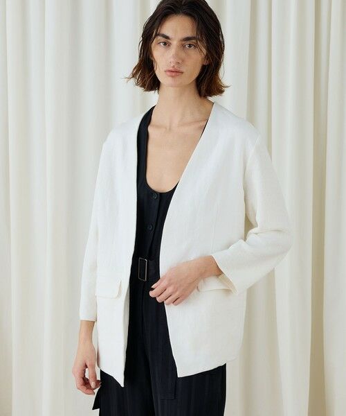 TOMORROWLAND / トゥモローランド ノーカラージャケット | ファブリックコンビ Vカラージャケット | 詳細2