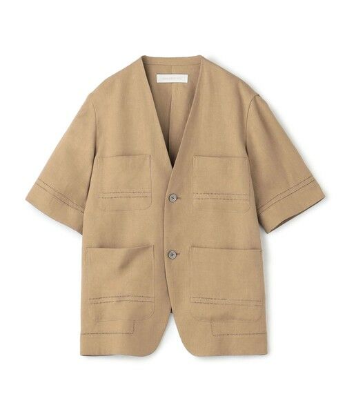 TOMORROWLAND / トゥモローランド ノーカラージャケット | リブコンビフレンチリネン ハーフスリーブジャケット(45 キャメル)