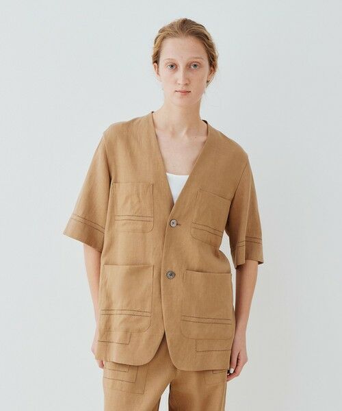 TOMORROWLAND / トゥモローランド ノーカラージャケット | リブコンビフレンチリネン ハーフスリーブジャケット | 詳細2