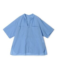美品＊トゥモローランド系列デプレ コットンストライプブラウス 36 ブルー 半袖 セール】 コットンタイプライター ストライプ バンドカラー