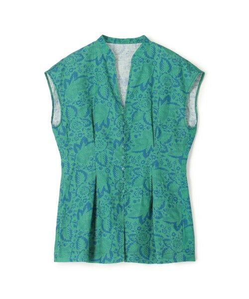 TOMORROWLAND/トゥモローランド リネンプリント キーネックタックブラウス 52 ライトグリーン系 36