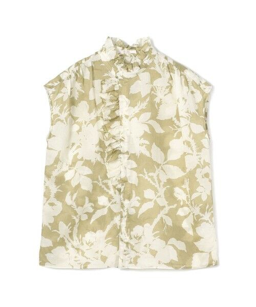 TOMORROWLAND/トゥモローランド コットンリネンプリント フリルネックブラウス 42 ライトベージュ系 36