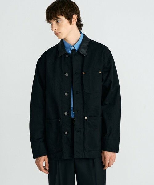 ブラックデニム レザーカラーカバーオール （Gジャン・デニム