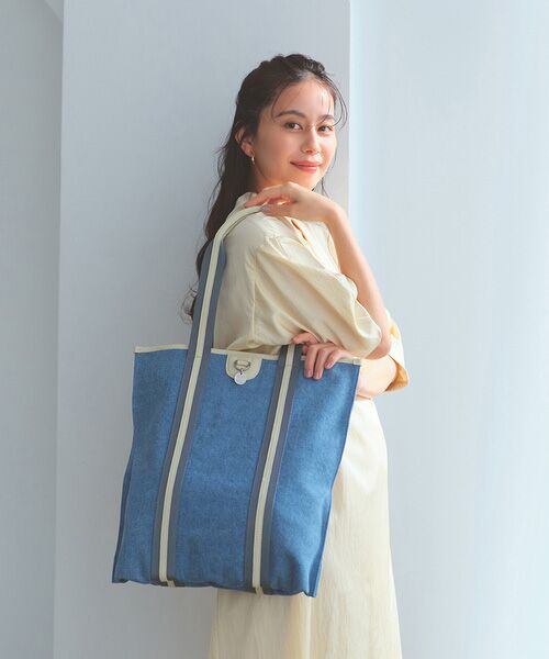 TOPKAPI / トプカピ トートバッグ | 【TREASURE TOPKAPI】レザーコンビ ストライプハンドル スリム トートバッグ　A4 / 軽量（ブルー）