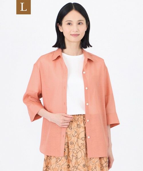 TRANS WORK (大きいサイズ)/トランスワーク (オオキイサイズ) 【L】【接触冷感】【ウォッシャブル】シルキーローンシャツブラウス オレンジ 44 TRANS WORK (大きいサイズ)/トランスワーク (オオキイサイズ) 【L】【接触冷感】【ウォッシャブル】シルキーローンシャツブラウス オレンジ 44