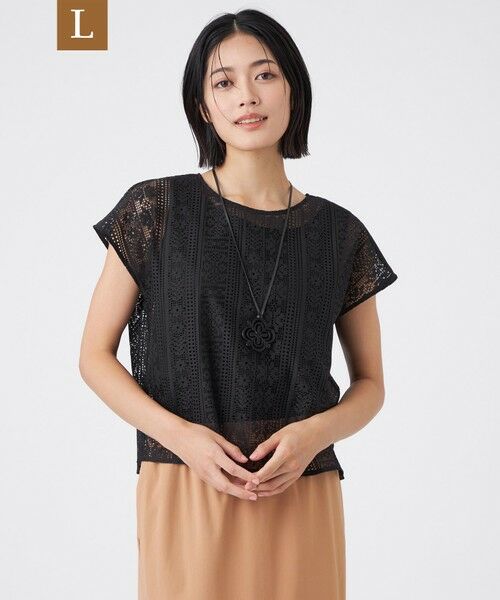 TRANS WORK (大きいサイズ) / トランスワーク (オオキイサイズ) その他トップス | 【L】【接触冷感・吸水速乾・抗菌防臭・UV・ウォッシャブル】コンパクト40Gポンチ×ラッセルレース(ブラック)