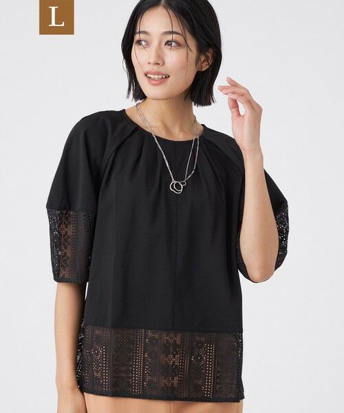 TRANS WORK (大きいサイズ)/トランスワーク (オオキイサイズ) 【L】【接触冷感・吸水速乾・抗菌防臭・UV・ウォッシャブル】コンパクト40Gポンチ×ラッセルレースカットソー ブラック 46