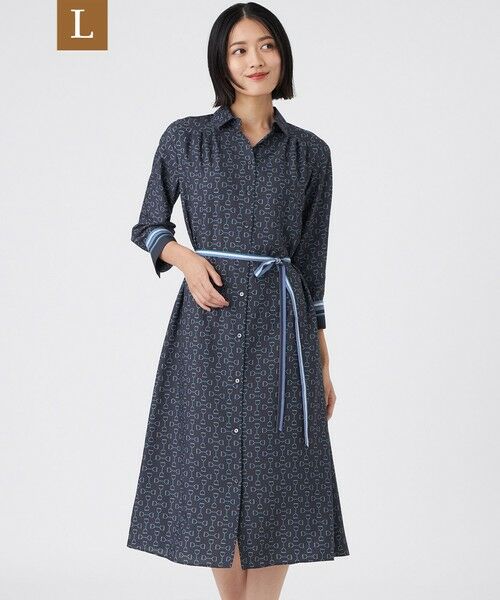 TRANS WORK (大きいサイズ)/トランスワーク (オオキイサイズ) 【L】【ウォッシャブル】ビットプリントデシンワンピース ネイビー 44 TRANS WORK (大きいサイズ)/トランスワーク (オオキイサイズ) 【L】【ウォッシャブル】ビットプリントデシンワンピース ネイビー 44