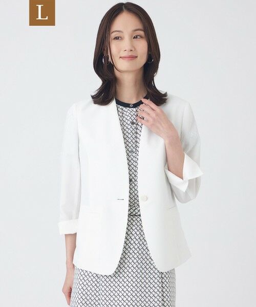 TRANS WORK (大きいサイズ) / トランスワーク (オオキイサイズ) テーラードジャケット | 【L】【UV対策・着用じわ軽減・ウォッシャブル】エアリーコードレーンノーカラージャケット（オフホワイト）