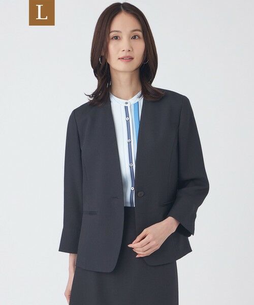 TRANS WORK (大きいサイズ) / トランスワーク (オオキイサイズ) テーラードジャケット | 【L】【UV対策・着用じわ軽減・ウォッシャブル】エアリーコードレーンノーカラージャケット（ネイビー）