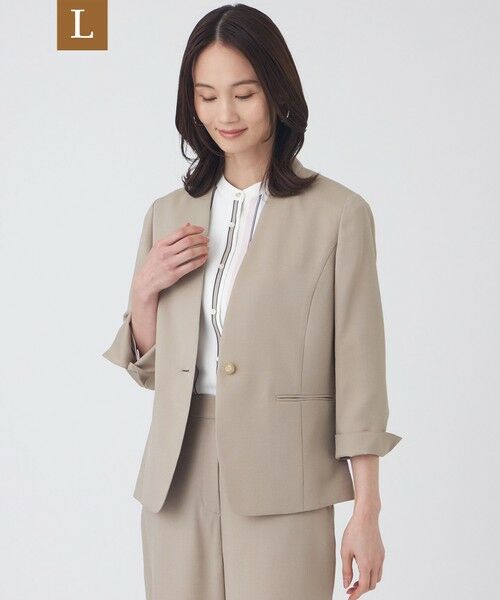 TRANS WORK (大きいサイズ) / トランスワーク (オオキイサイズ) テーラードジャケット | 【L】【UV対策・着用じわ軽減・ウォッシャブル】エアリーコードレーンノーカラージャケット（ベージュ）