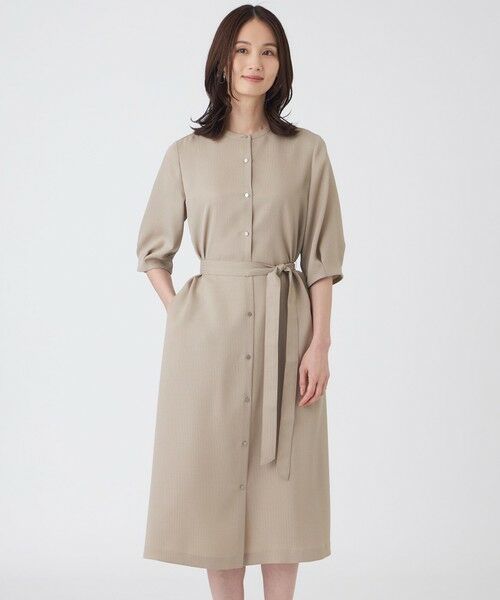 TRANS WORK (大きいサイズ) / トランスワーク (オオキイサイズ) ロング・マキシ丈ワンピース | 【L】【UV対策・着用しわ軽減・ウォッシャブル】エアリーコードレーンテーラードワンピース（ベージュ）