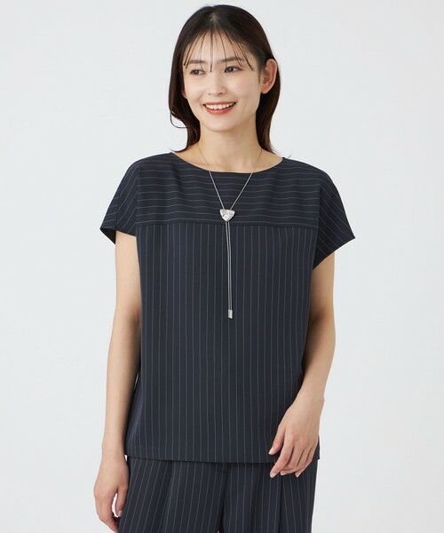 TRANS WORK (大きいサイズ) / トランスワーク (オオキイサイズ) その他トップス | 【L】【接触冷感・ウォッシャブル】アセテートストレッチストライプブラウス（ネイビー）