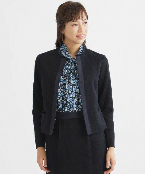 TRANS WORK / トランスワーク ノーカラージャケット | 【セットアップ対応】【美シリーズ】【ウォッシャブル】ツィードジャージノーカラージャケット(ネイビー3)