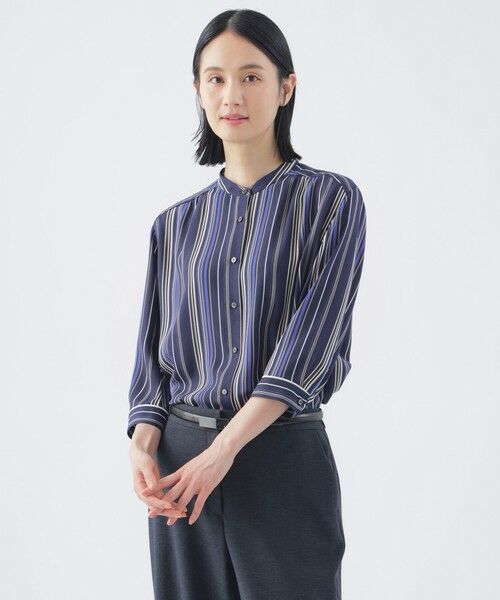 TRANS WORK/トランスワーク 【WEB限定カラー】【ウォッシャブル】マルチストライププリントシャツブラウス ネイビー3 38 TRANS WORK/トランスワーク 【WEB限定カラー】【ウォッシャブル】マルチストライププリントシャツブラウス ネイビー3 38