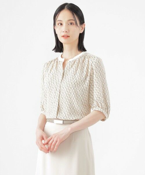 TRANS WORK/トランスワーク 【UV対策】【ウォッシャブル】ラインキューブプリントキーネックブラウス ライトグレー1 40 TRANS WORK/トランスワーク 【UV対策】【ウォッシャブル】ラインキューブプリントキーネックブラウス ライトグレー1 40