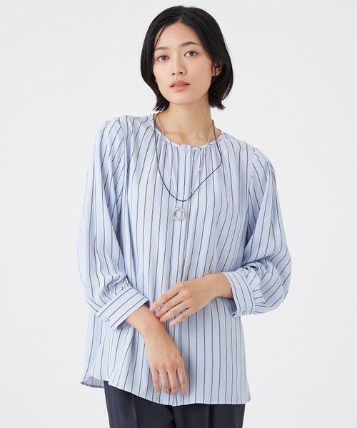 TRANS WORK/トランスワーク 【ウォッシャブル】バックサテンストライプブラウス ブルー1 40 TRANS WORK/トランスワーク 【ウォッシャブル】バックサテンストライプブラウス ブルー1 40
