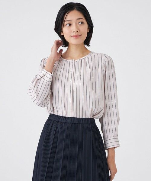 TRANS WORK/トランスワーク 【ウォッシャブル】バックサテンストライプブラウス ベージュ1 40 TRANS WORK/トランスワーク 【ウォッシャブル】バックサテンストライプブラウス ベージュ1 40