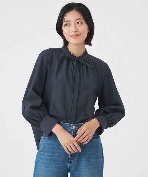 TRANS WORK/トランスワーク 【ウォッシャブル/吸水速乾/防シワ】ギンガムサッカーブラウス ネイビー3 40 TRANS WORK/トランスワーク 【ウォッシャブル/吸水速乾/防シワ】ギンガムサッカーブラウス ネイビー3 40