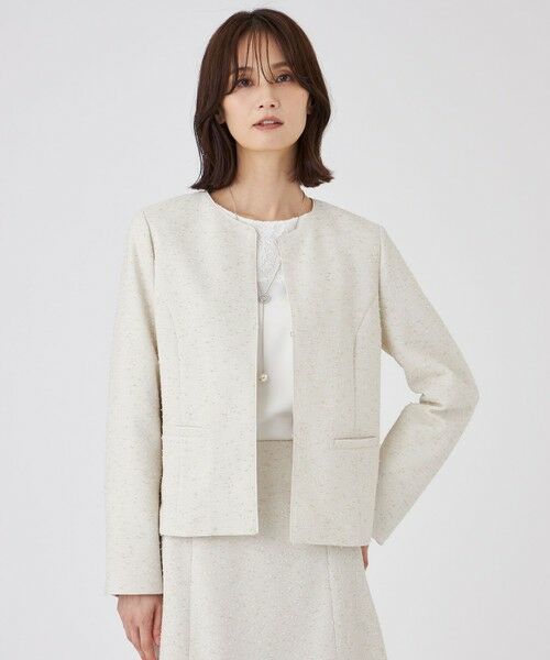 TRANS WORK / トランスワーク ノーカラージャケット | 【ウォッシャブル】ペーパーヤーンファンシージャケット(ライトグレー1)