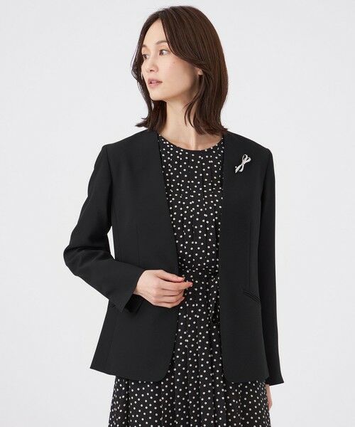 TRANS WORK / トランスワーク ノーカラージャケット | 【美シリーズ・セットアップ対応・ウォッシャブル】バックサテンジョーゼットジャケット(ブラック1)