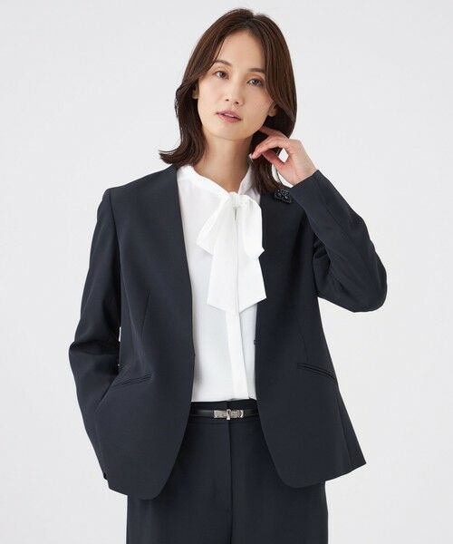 TRANS WORK / トランスワーク ノーカラージャケット | 【美シリーズ・セットアップ対応・ウォッシャブル】バックサテンジョーゼットジャケット(ネイビー3)