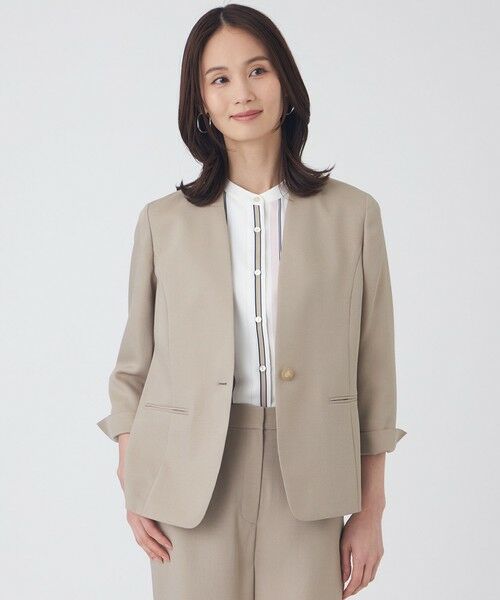 TRANS WORK / トランスワーク ノーカラージャケット | 【UV対策・着用しわ軽減・・ウォッシャブル】エアリーコードレーンノーカラージャケット（ベージュ1）