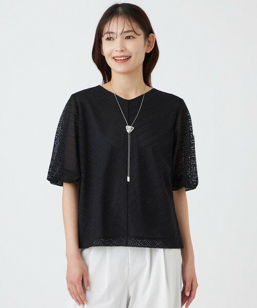 TRANS WORK / トランスワーク カットソー | 【ウォッシャブル】コットンスムースレースコンビカットソー（ブラック1）