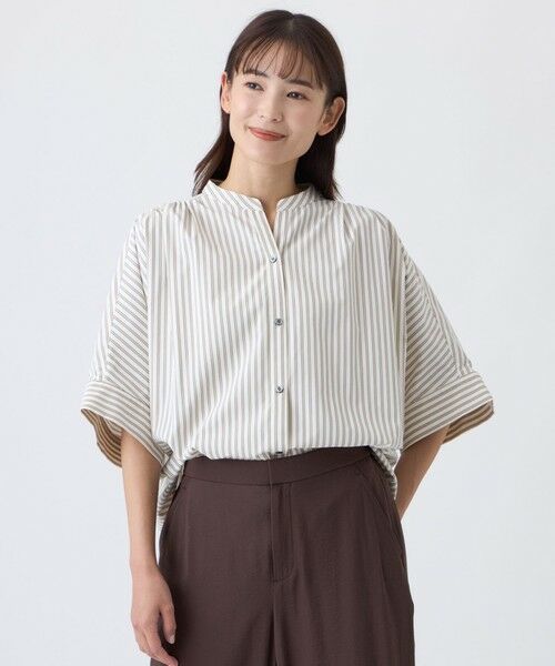 TRANS WORK / トランスワーク シャツ・ブラウス | 【接触冷感・遮熱性・防しわ(着用じわ)・ウォッシャブル】ソフトライプライターマルチストライプブラウス（ベージュ1）