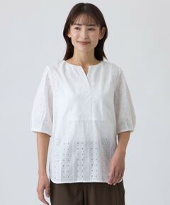 TRANS WORK / トランスワーク カットソー | 【接触冷感・ウォッシャブル】幾何エンブロイダリーレース×スムースカットソー