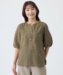 TRANS WORK / トランスワーク カットソー | 【接触冷感・ウォッシャブル】幾何エンブロイダリーレース×スムースカットソー