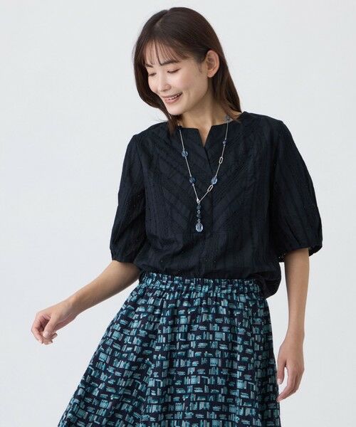 TRANS WORK / トランスワーク カットソー | 【接触冷感・ウォッシャブル】幾何エンブロイダリーレース×スムースカットソー（ネイビー3）