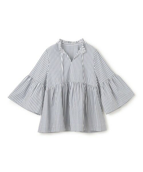 UNFILO/アンフィーロ 【抗菌防臭/洗える】コットンブロード フリルネックシャツ ネイビーストライプ XL UNFILO/アンフィーロ 【抗菌防臭/洗える】コットンブロード フリルネックシャツ ネイビーストライプ XL