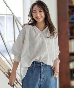 UNFILO / アンフィーロ シャツ・ブラウス | ストライプレース ギャザーブラウス