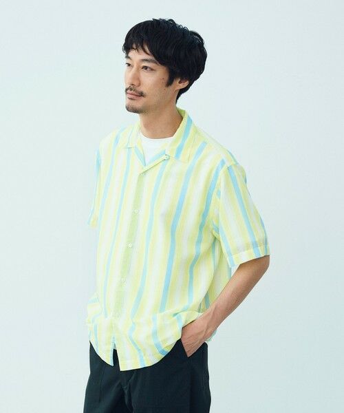 UNFILO/アンフィーロ シアーメッシュプリント オープンカラーシャツ イエローストライプ M UNFILO/アンフィーロ シアーメッシュプリント オープンカラーシャツ イエローストライプ M